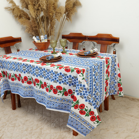 Скатертина вишиванка синя з маками 150*220 